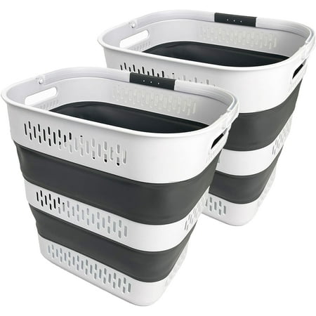 LibraMAL 40L (10.5 Gallon) Collapsible Plastic Laundry Basket with Handles - Foldable Pop Up Storage Container/Organizer - Portable Laundry Hamper - Space Saving (2, White/Steel Grey)