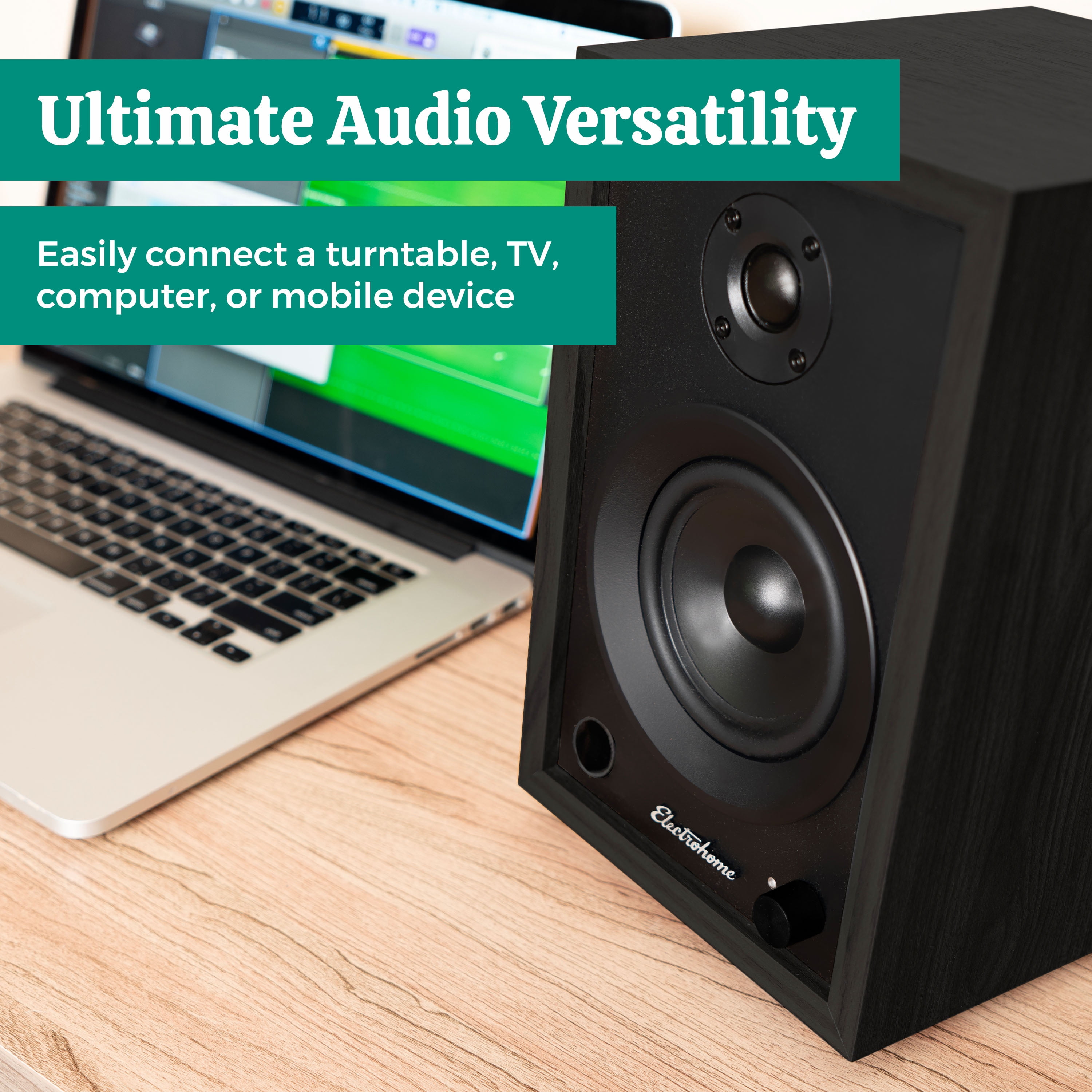 Electrohome McKinley 2.0 Stereo Powered Bookshelf Speakers with Built-in Amplifier and 4" Drivers for Turntable, TV, PC and Wireless Music Streaming featuring Bluetooth 5, RCA and Aux (EB30B)