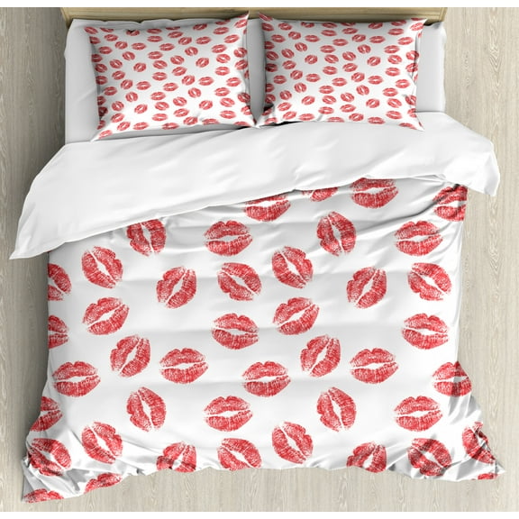 Feminine Duvet Cover Set, Pattern of Lipstick Kiss Marks Woman Valentines Wedding Theme Illustration, Decorative 3 Piece Bedding Set with 2 Pillow Shams, King Size, White Red, by Ambesonne