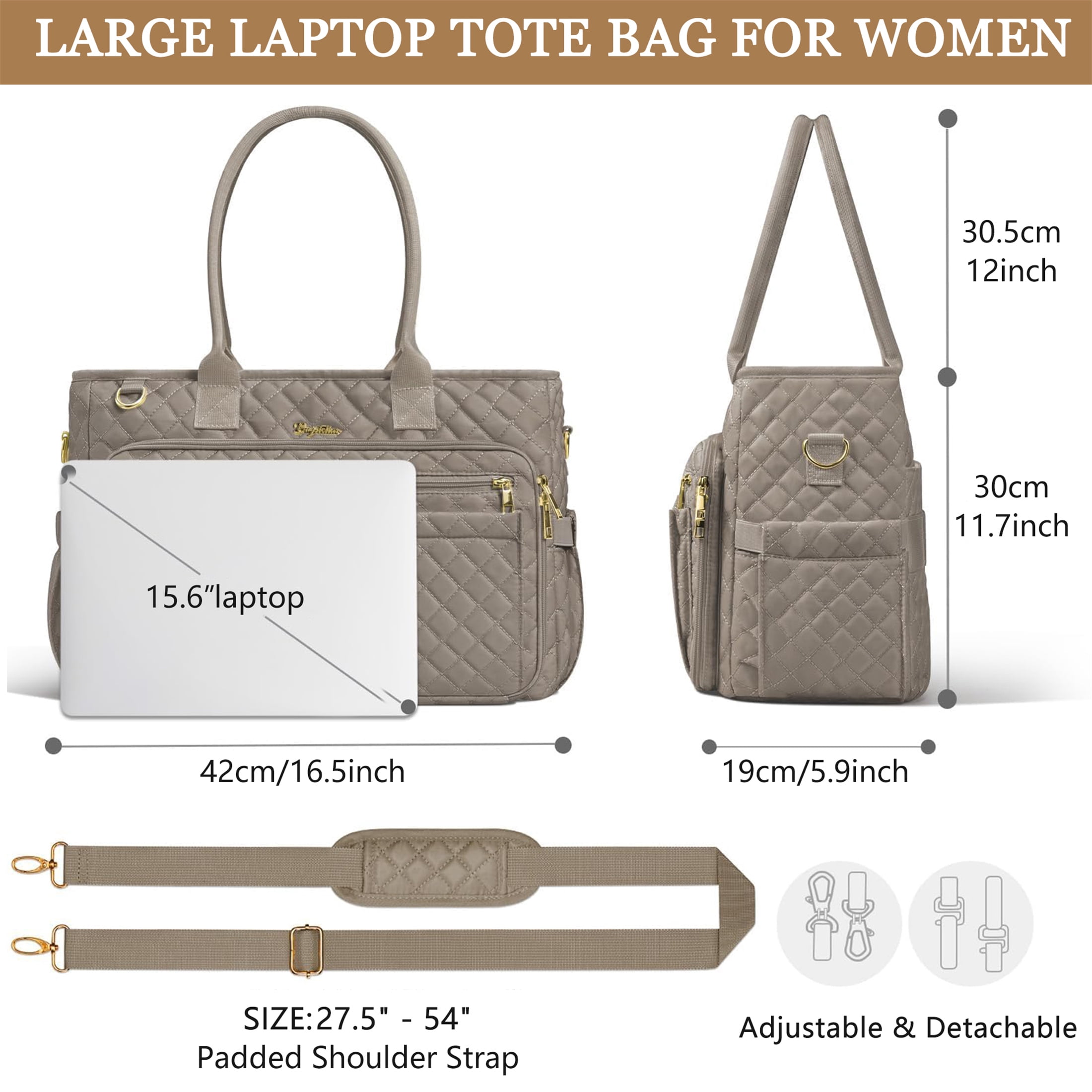 Teacher Tote Bag 15.6 inch Laptop Bag for Women, Work Bags Nurse Bible Bag Quilted Lightweight Laptop Tote Computer Briefcase for School Travel Office College, Grey