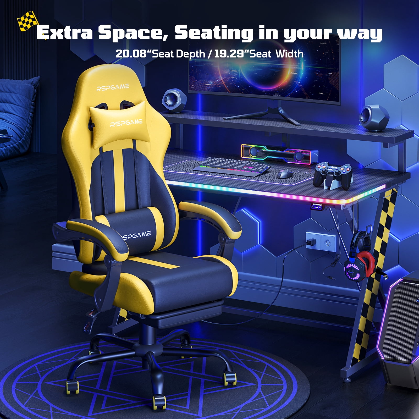 RSPGame Ergonomic Gaming Chairs for Adults,Pocket Spring Cushion,PU Leather Office Chairs with Lumbar Support and Retractable Footrest,Home and Office Computer Chairs-Yellow Racing