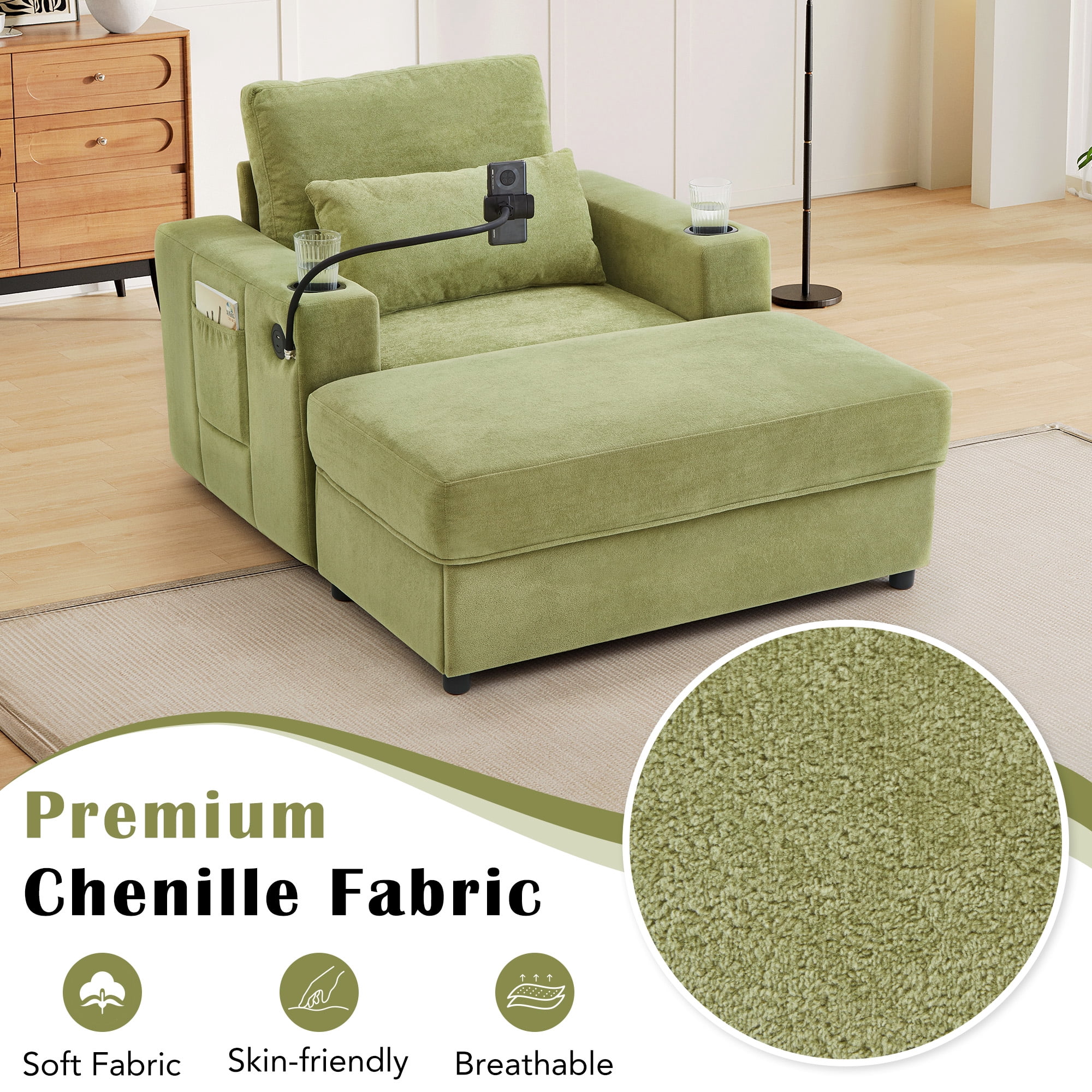 Euroco Convertible Chenille Recliner Chair with Storage Ottoman, USB Ports, Cup Holders & Phone Stand – Sleeper Armchair with Adjustable Backrest for Small Spaces