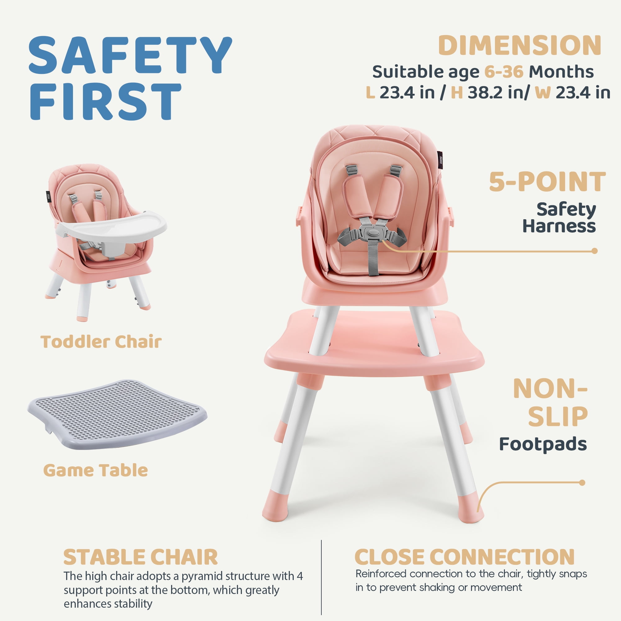 HARPPA Baby High Chair, 8 in 1 Toddler Dining Booster Seat for Baby Girl, Pink