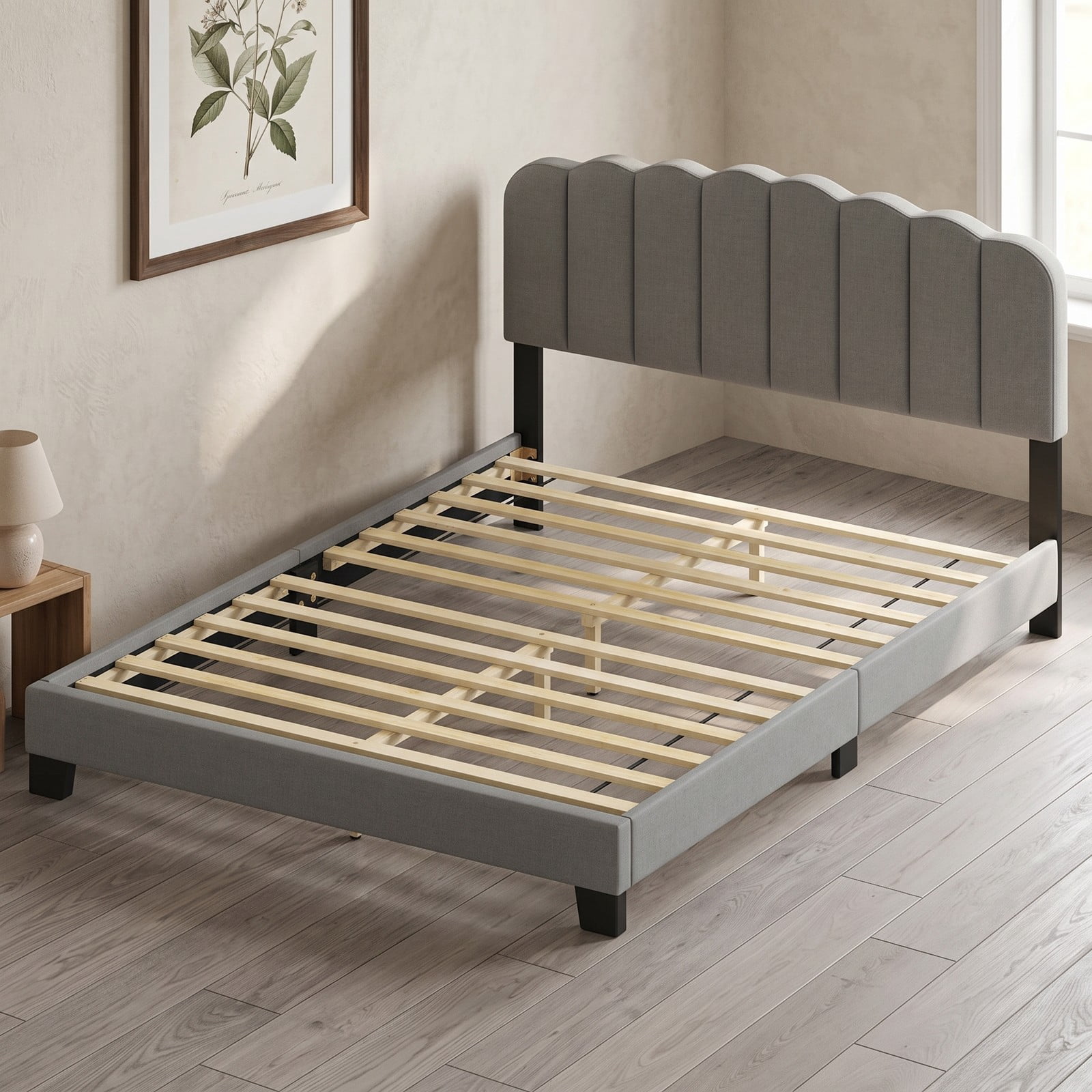 Furnibear Queen Size Bed Frame, Upholstered Platform Bed Frame with Adjustable Scalloped Headboard and LVL Slat Support, Queen Bed No Box Spring, Gray