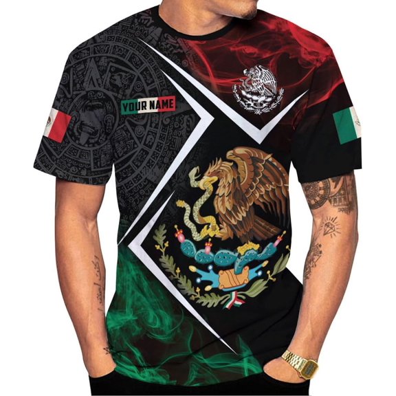 Custom Mexico Shirts Personalized Name Mexican 3D Flag Shirt for Men Women Aztec Unisex Short Sleeves US Eagle Pride Camisas (Polyester, Q6) (T-shirt, S)