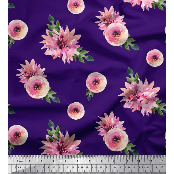 Soimoi Purple Modal Satin Fabric Ranunculus & Chrysanthemum Floral Printed Craft Fabric by the Yard 42 Inch Wide