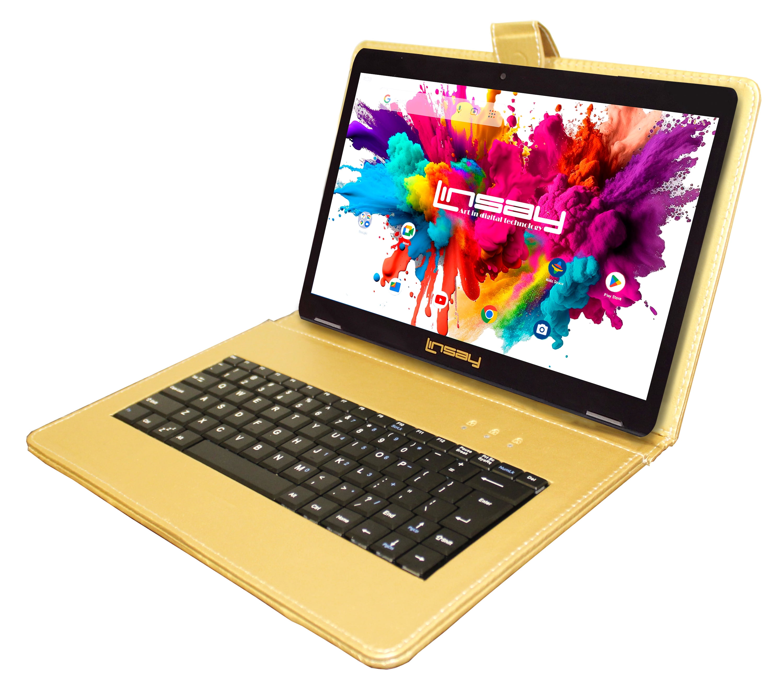 LINSAY 10.1" Octa Core 4GB RAM 128GB Storage Android 13 Tablet with keyboard Golden Leather Keyboard