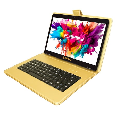 LINSAY - 10.1" Tablet, Leather Case, Keyboard, Stylus, and Tablet Pop Holder Bundle - 32GB - Gold