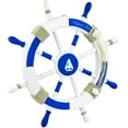 thumbnail image 2 of Wooden Ship Wheel (White & Blue Painted) - Rope, Fishnet & Sailboat Motif - 24 Inches, 2 of 5