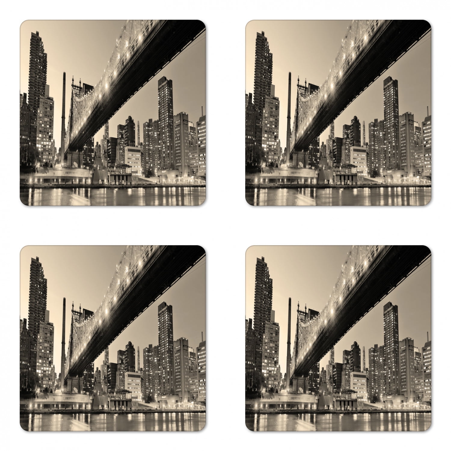 Manhattan Bridge from the Street at Night Downtown New York States United States Buildings City Photo of Art Lunarable Urban Coaster Set of 4 Green Standard Size Square Hardboard Gloss Coasters 