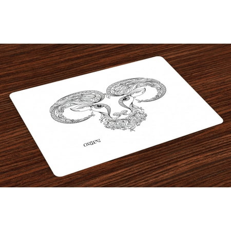 

Zodiac Aries Placemats Set of 4 Line Art Style Horoscope Symbol Henna Tattoo Design Floral Curls Spirals Washable Fabric Place Mats for Dining Room Kitchen Table Decor Black and White by Ambesonne