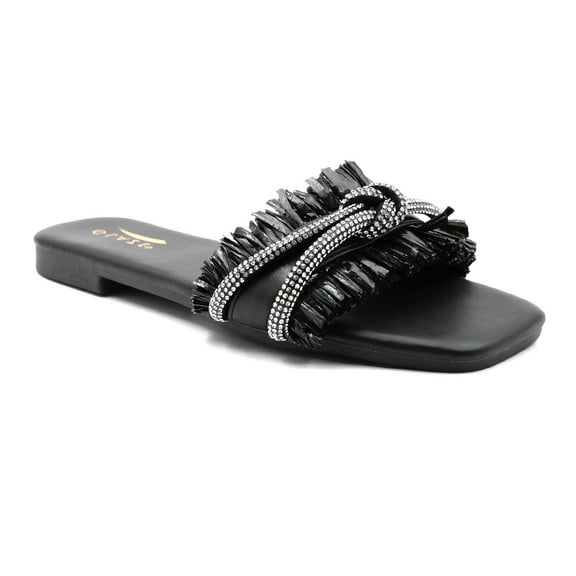 GJPBGK Women’s Square Toe Flat Slide Sandals Rhinestone & Tassel Decor Slip-On Indoor Shower Slides for Casual Wear