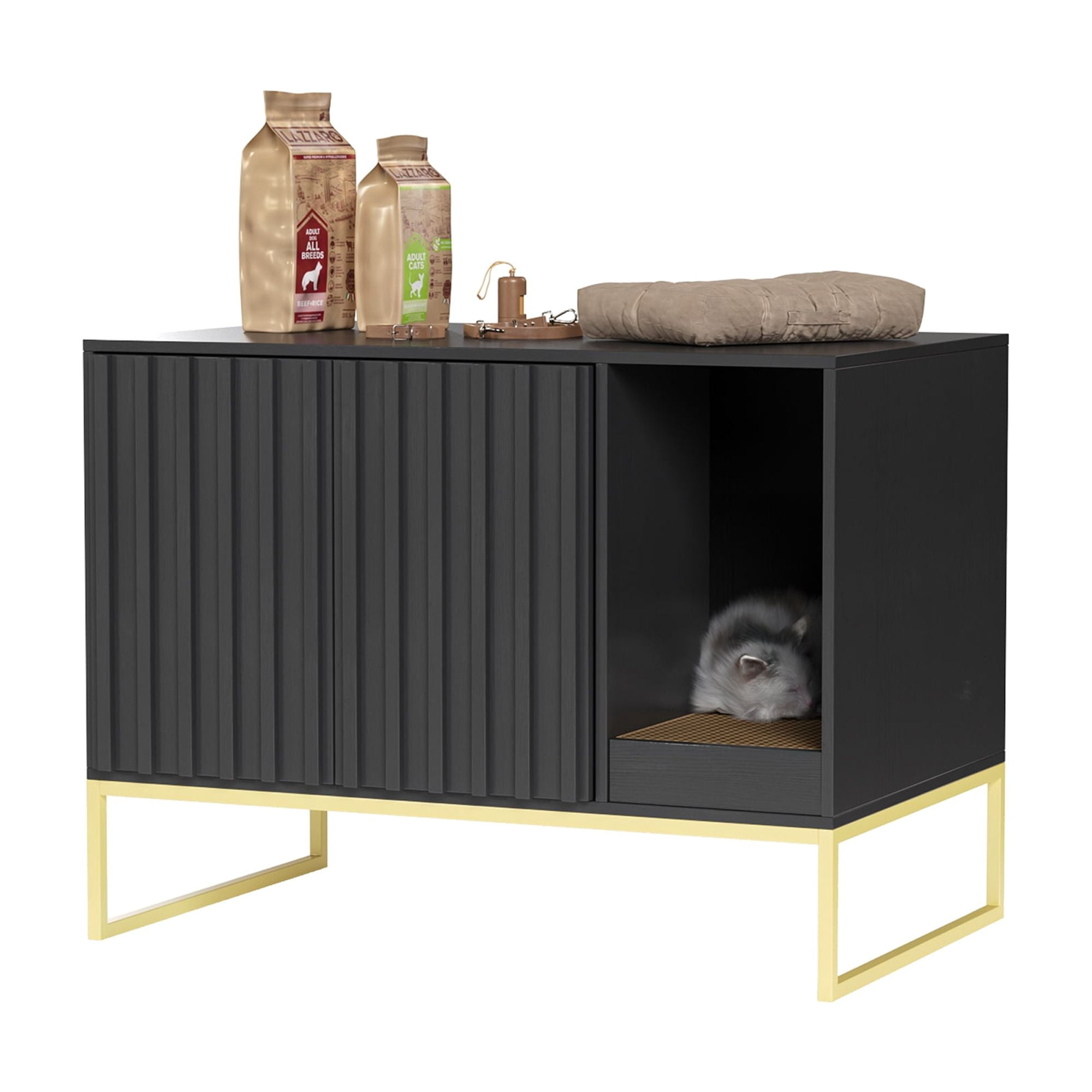 Veanerwood Fienveorn Litter Box Enclosure,Modern Cat Litter Box Enclosure Furniture Hidden Litter Box with Cat Scratch Pad, Cat Washroom Cat House End Table, Entryway Bench for Livingroom (Black)