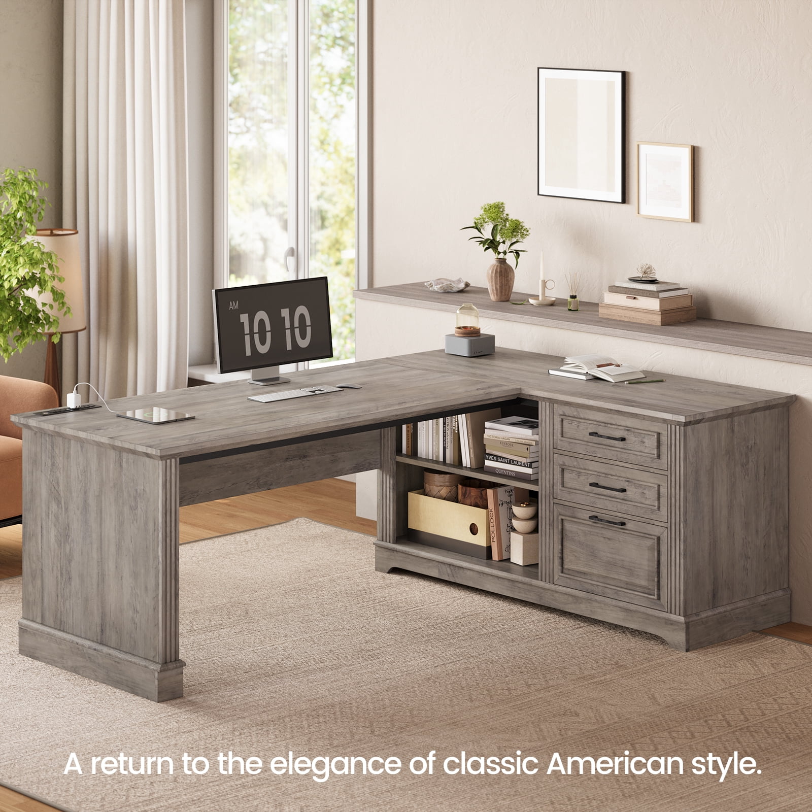 Farmhouse L Shaped Desk, 61" Wood Executive Deskwith Large Desktop and Storgae, Home Office Desk with Drawers and Open Shelves, Computer Desk with Power Outlets, Spacious PC Workstation, Grey