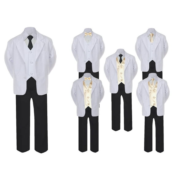 5-7pc Formal Black White Suit Set Champagne Bow Long Tie Vest Boy Baby Sm-20 Teen