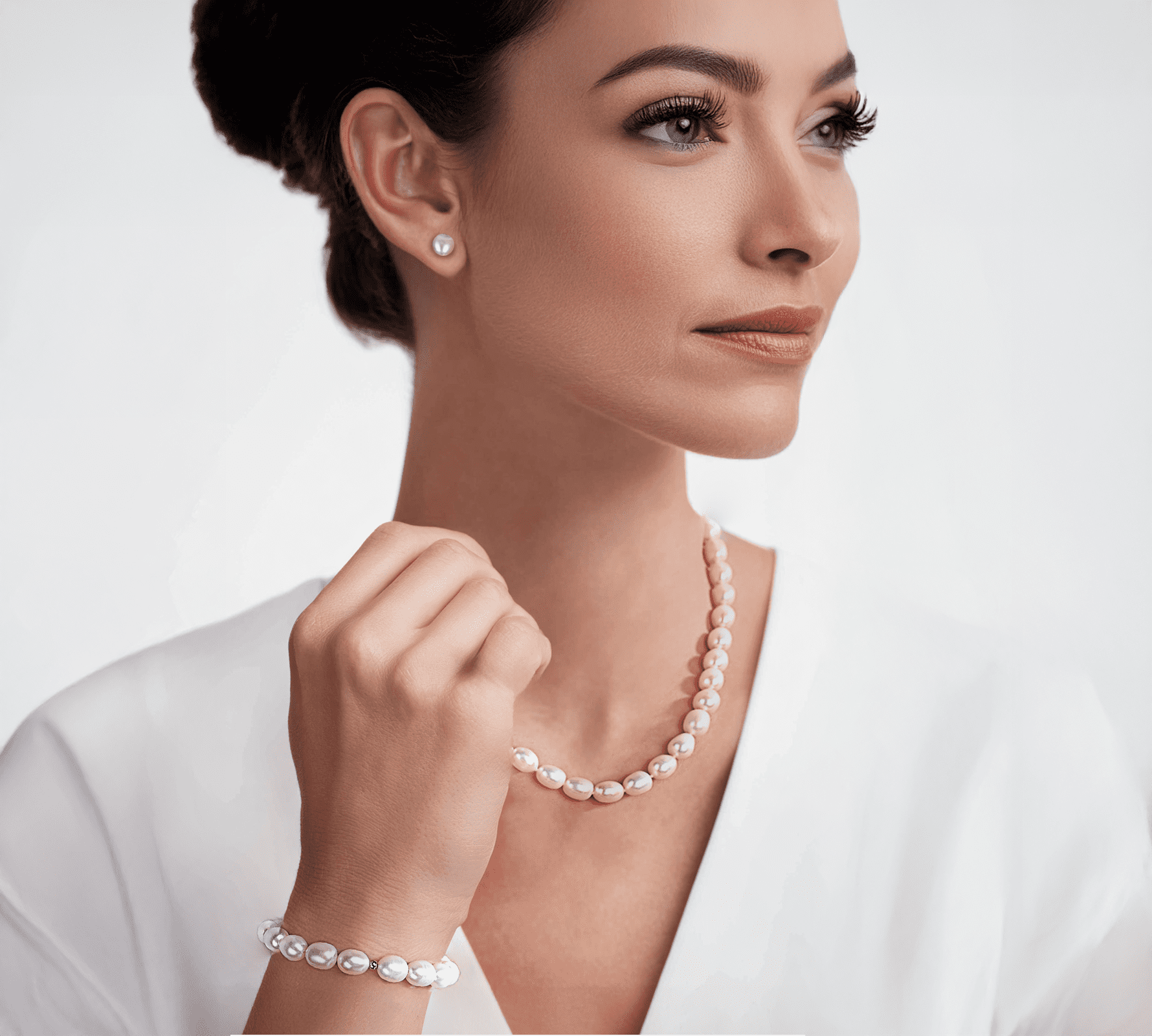 Bamiki 6-7mm Cultured White Pearl Jewelry Necklace Set with Bracelet & Stud Earrings, S925 Sterling Silver Adjustable Clasp Valentine's Day Gift for Her