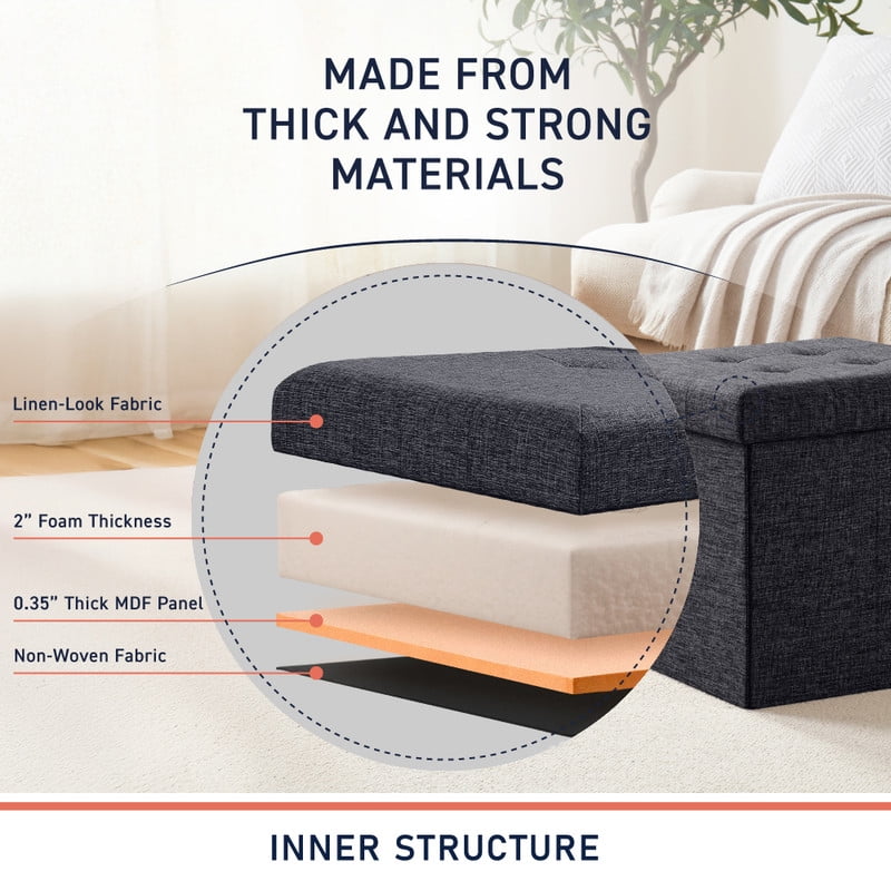 Ornavo Home 2 Pack 15 Inch Folding Storage Ottoman with Storage, Square Cube Linen Small Storage Ottoman Foot Rest Stool - Black