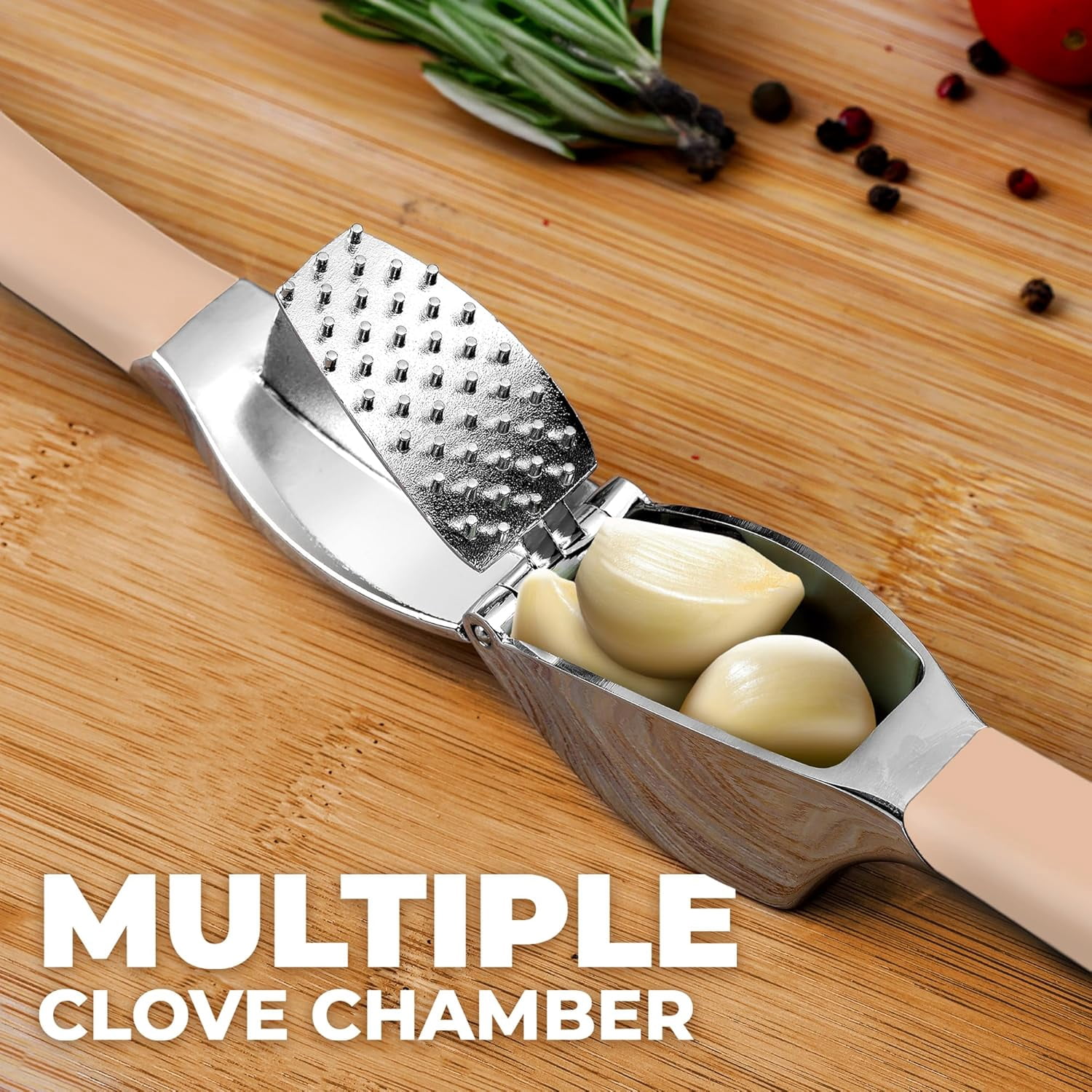 Comfort Grip Garlic Press - Mincer Tool Crusher Rust Proof, with Soft Ergonomic Handle, Easy Clean Set Peeler and Brush Light Pink