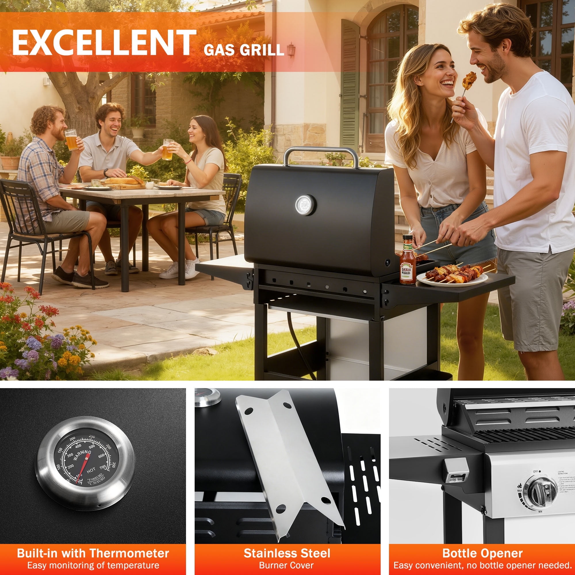BBQ Grill, Seizeen 30,000 BTU 3-Burner Gas Grill Portable, Backyard Camping Propane Grill with  Daul Zone, Foldable Table, Hanging Basket, Steel Brush, Universal Wheels
