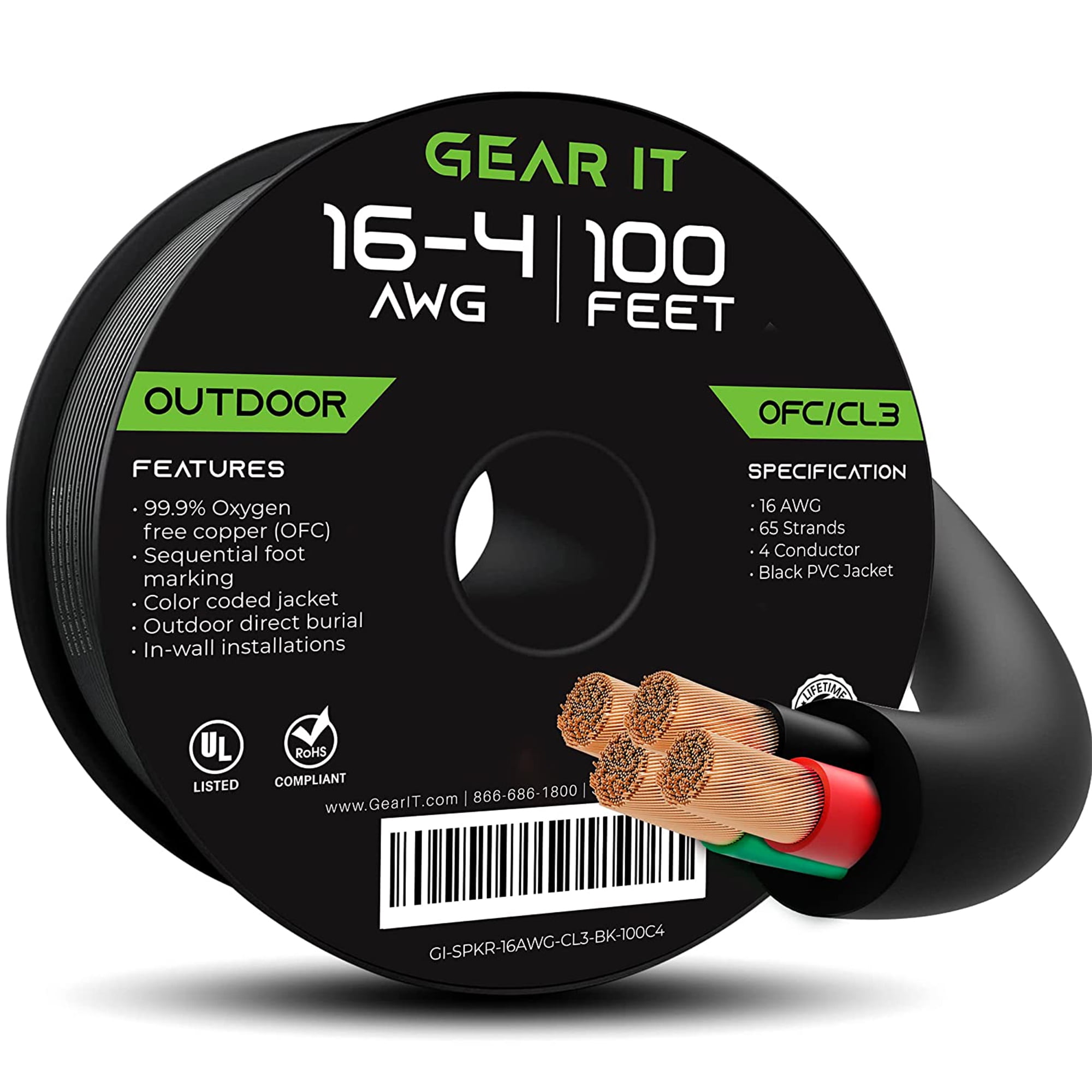 GearIT 16/4 16AWG Outdoor Speaker Cables for Direct Burial OFC Speaker