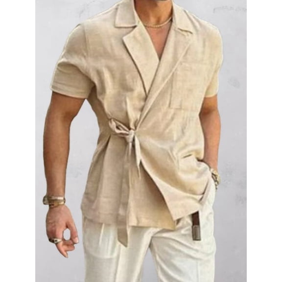 Men's Linen Blend Notch Collar Wrap Front Short Sleeve Shirt, Adjustable Tie Waist Solid Beige Casual Top for Vacation & Daily Wear