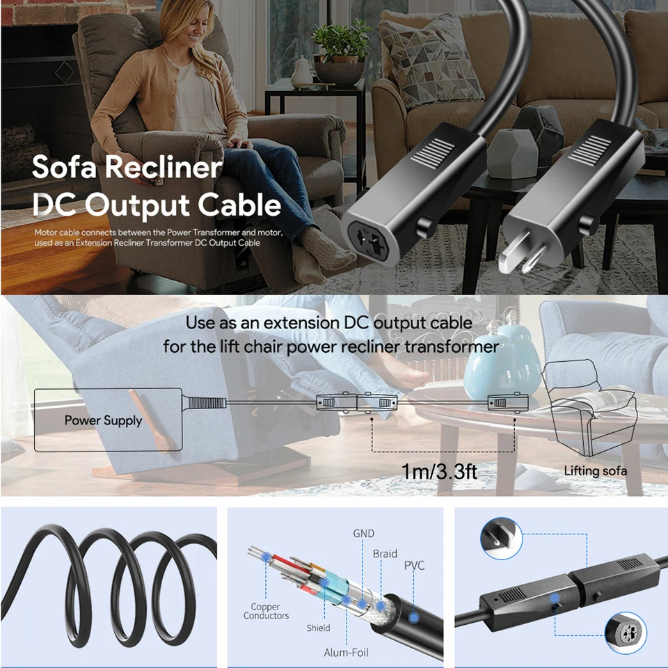 BUTTERFLY- 3Ft 2-Pin Replacement Cord Power Cable For Elecricial Recliner Lift Chair Or Bed
