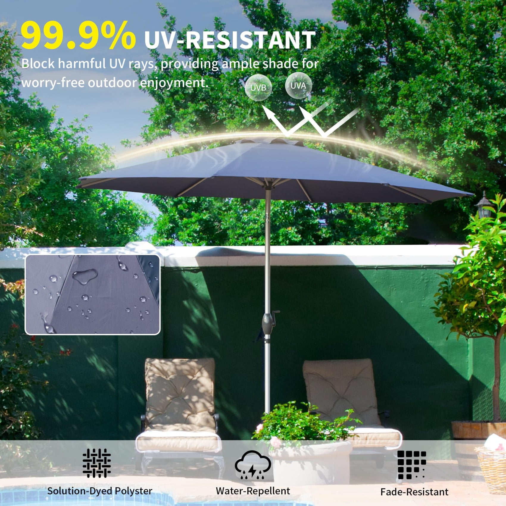 10FT Outdoor Patio Umbrella, Table Umbrella with Push Button Tilt, 8 Sturdy Ribs and Crank, UV Protection Waterproof Market Sun Umbrella for Garden, Deck, Backyard, Pool, Navy Blue