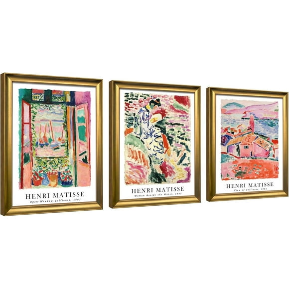 TRAHOO-Framed Canvas Wall Art 3 Piece Henri Mattise Art Abstract Colorful Matisse Posters Canvas Prints for Wall and Home Office Decorations Bronze Gold Frame