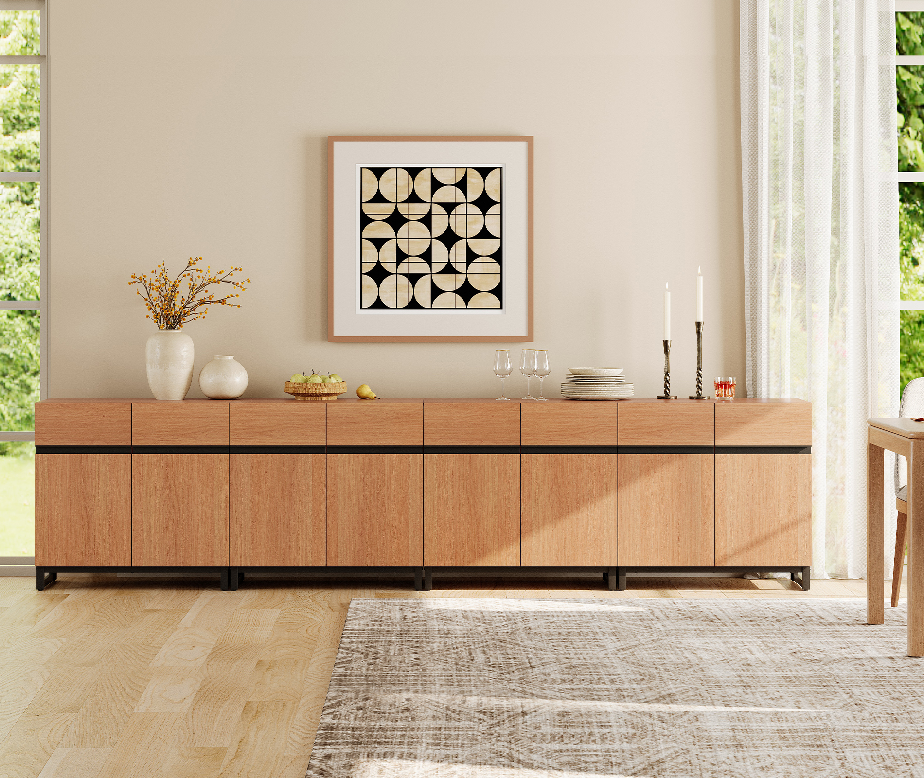 126" Modern 4-in-1 Multifunctional Sideboard Buffet with Adjustable Shelf & Metal Base, Wood Grain,Mocha