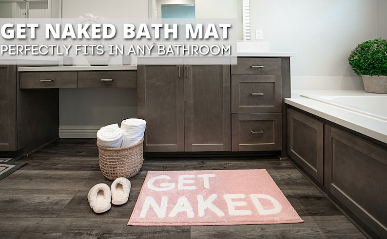 Get Naked Bath Mat - Pink Get Naked Rug - Shower Curtain Set - Funny Bathroom Decor Signs - Peach Bathroom Rugs - Cute Fun Bath Mat - Cool Bathroom Stuff - Blush Pink Bathroom Accessories - Washable