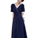 thumbnail image 1 of Vestido de mujer con cuello en V, cintura fruncida, manga corta, vestido elegante simple para ir al trabajo, cena, azul marino, largo L, 1 of 14