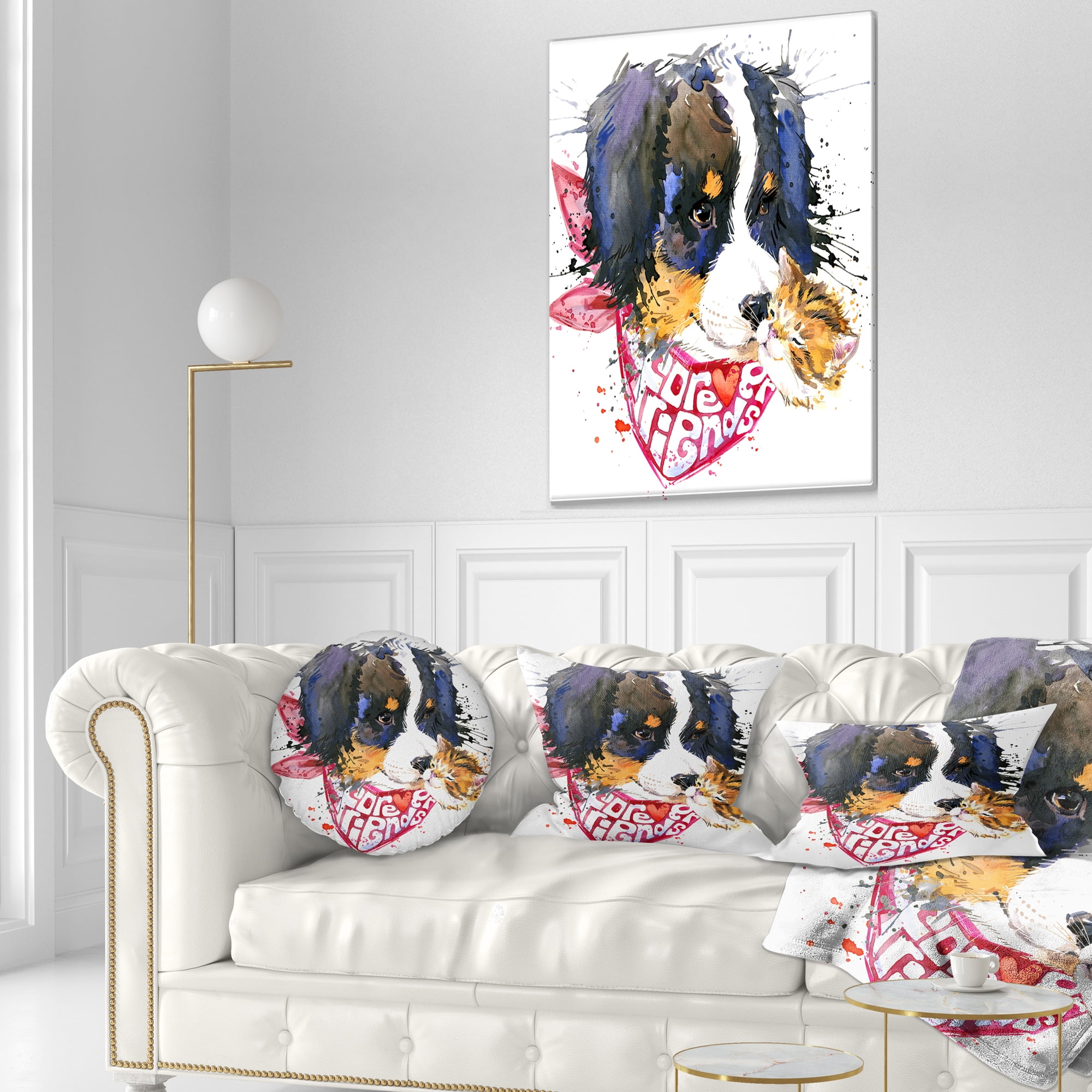 Designart Dog and Cat Friends Forever - Animal Throw Pillow - 12x20