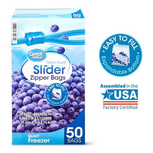 Great Value Freezer Guard Slider Freezer Bags, Quart, 50 Count