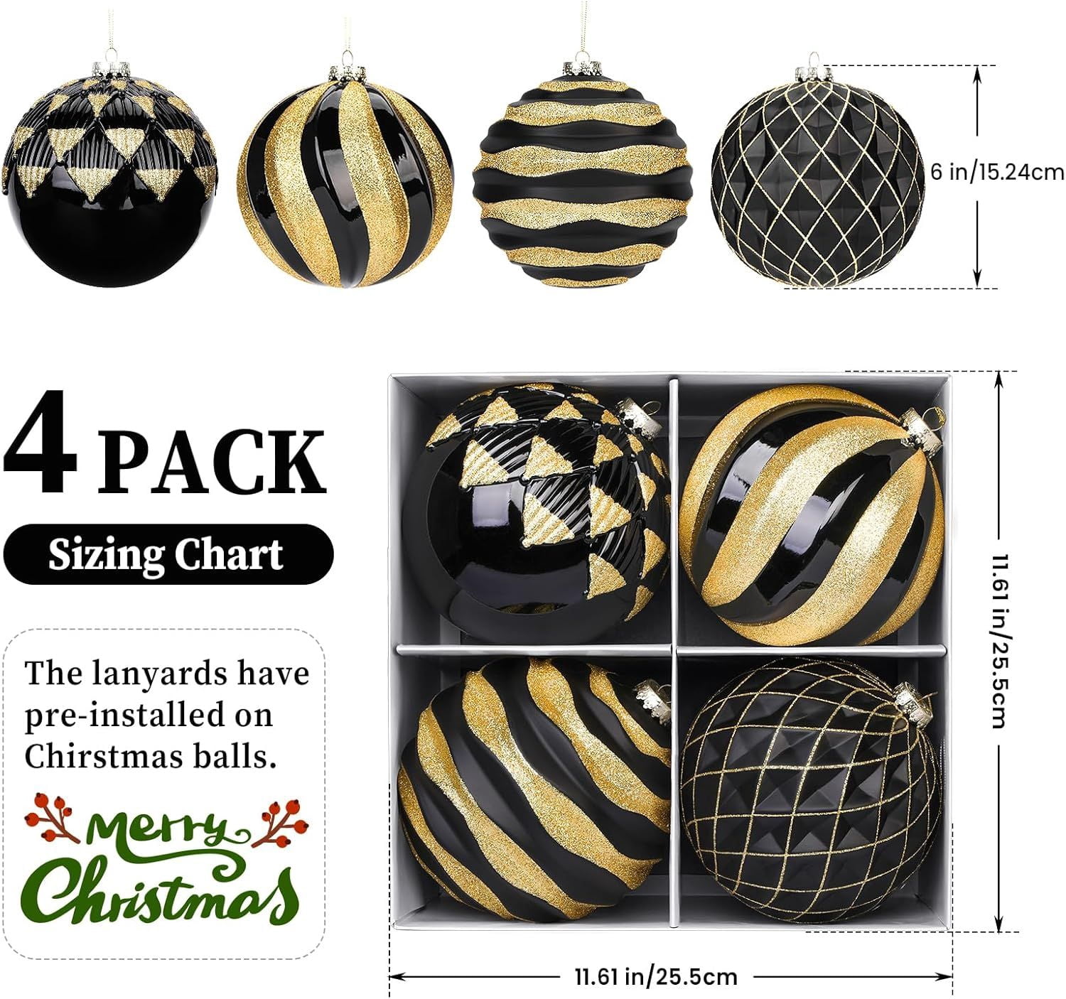 6"/150mm Large Christmas Ball Ornaments, 4Pcs Christmas Tree Decor, Shatterproof Hanging Decorations with Hooks, White & Silver Baubles for Xmas Tree, Wedding, Holiday and Party Decor