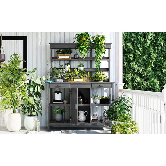LiviNest Garden Potting Bench Table: 66" Large Outdoor Workstation with 2 Drawers & Cabinet - 220lbs All-in-One Workspace for Backyard Garden & Mudroom - Gray Fir Wood Farmhouse Style