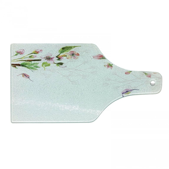 Watercolor Cutting Board, Apple Tree Blooming in Spring Season Branches Falling Leaves Romantic, Decorative Tempered Glass Cutting and Serving Board, Wine Bottle Shape, Pale Pink Green, by Ambesonne