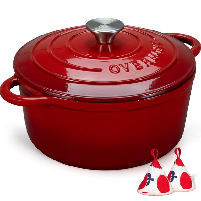 Horno holandés de hierro fundido esmaltado Overmont - Olla de 4.5 cuartos con tapa, libro de cocina y agarraderas de algodón - Utensilios de cocina resistentes para estofar, guisar, asar y hornear pan