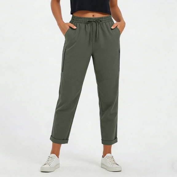 Linen Tapered Elastic Waist Pants for Women Lightweight Quick-Dry Joggers Breathable Active Bottoms Zipper Pockets Hiking Outdoor Sportswear