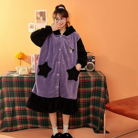 

Kawaii Sanrios Kuromi Soft Coral Velvet Sleepwear Autumn Winter Warm Comfort Plush Pajamas Cartoon Outdoors Household Clothes