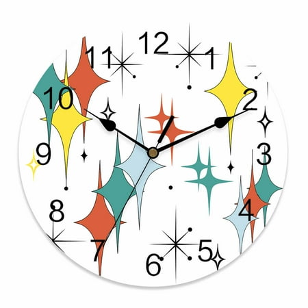 Silent Wall Clocks Battery Operated, Mid Century Modern Round Decorative Wall Clock for Living Room Bedroom Kitchen Bathroom Classroom Decor, 10 Inch White Teal Orange Yellow