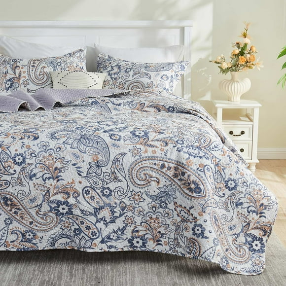 Gogreen Luxury Printed Quilt Set Queen Size, Lightweight Comforter Set, Oversized Bedspread Coverlet Quilted Bedding Set, with 2 Matching Pillowcases, for All Season