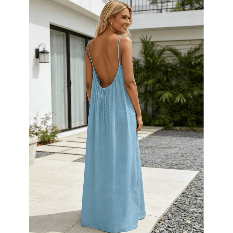 backless house dress Women's Cami Dresses Cami Lounge Backless Solid Color Sleeveless Dress Long Sundress with Back Tie SIZE:XS It caresses the silhouette Colour:Black Aureia Elegant Khaki Satin