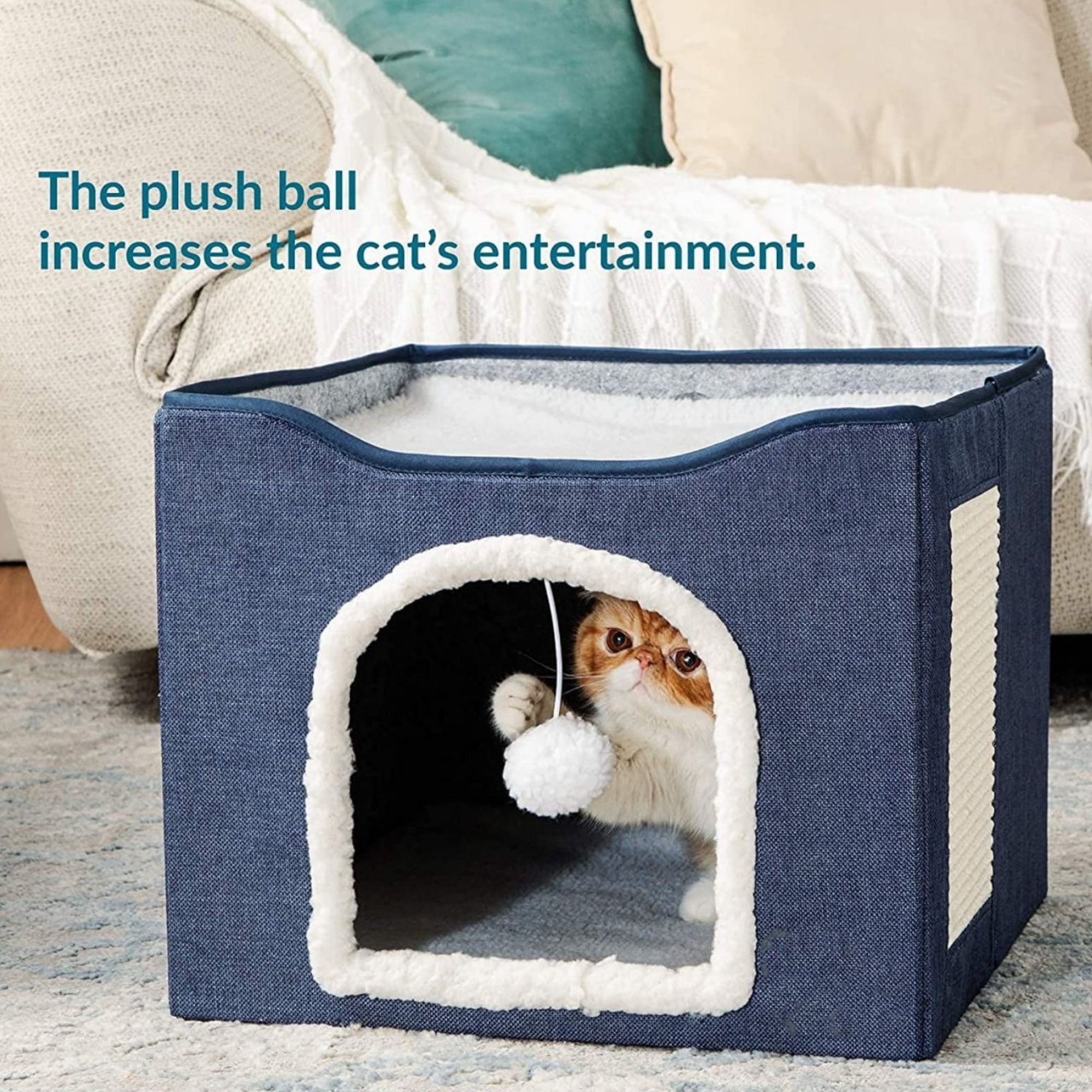 HDJ Cat Bed for Indoor Cats with Scratching Pad and Plush Ball, Pet, 6.5x16.5x14 Inches, Blue