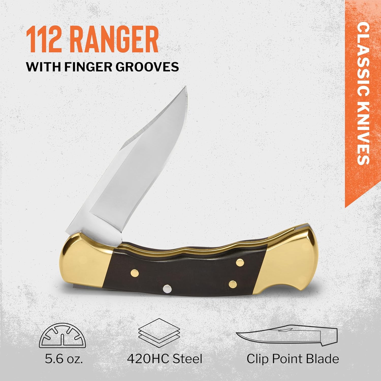 Buck Knives 112 Ranger Hunting Knife with Grooves, 3" Folding Knife Blade, Ebony Handle, 5.6 oz