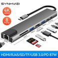 thumbnail image 2 of Hub USB 3,0 4 / 8 en 1 para adaptador de ordenador portátil PC PD carga 8 puertos estación de acoplamiento RJ45 HDMI-4K tarjeta TF/SD para Macbook tipo-C Splitter Tan Jianjun unisex, 2 of 2