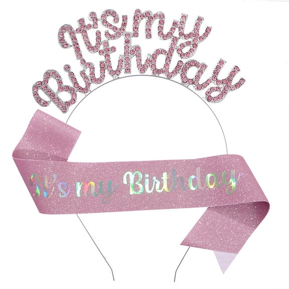 Zzbeans Birthday Girl Headband and Sash Set, IT'S MY BIRTHDAY Tiara Rhinestone Hair Accessories, Birthday Party Decorations Supplies for Women Girls Adults