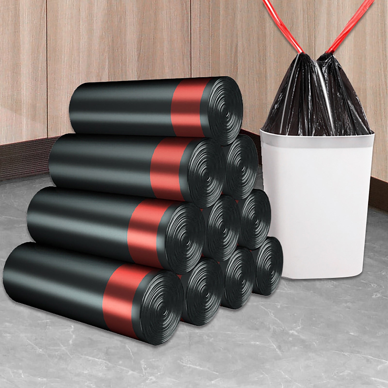Drawcord Trash Bags, 45 Pcs, Medium & Small Black Garbage Bags, Portable & Affordable for Household Waste Use