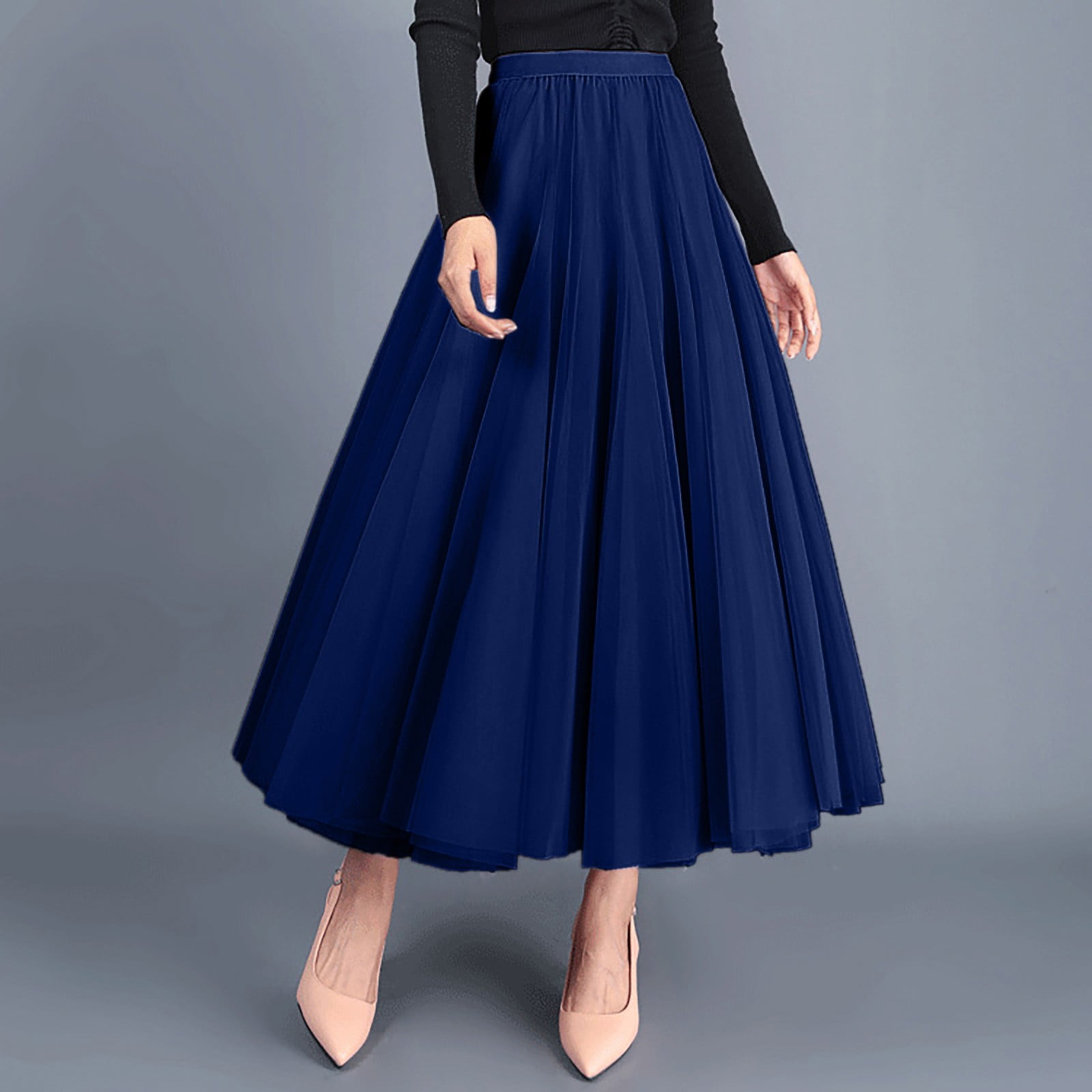 LEEy world Maxi Skirt Solid Color High Waist Irregular Skirt Slit Skirt European And American L Size Mid Length Silk Skirts for Women Dark Blue One