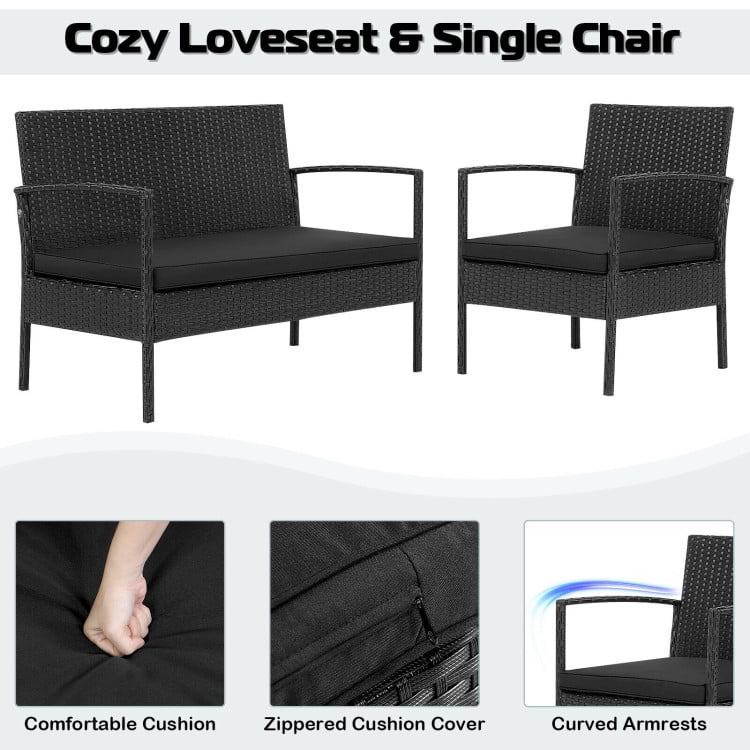 Aimee Lii Rattaner Outdoor Patio Furniture, 4 Pieces Patio Rattan Wicker Conversation Set Sofa Cushioned Glass Table, Black Aimee Lii Rattaner Outdoor Patio Furniture, 4 Pieces Patio Rattan Wicker Conversation Set Sofa Cushioned Glass Table, Black