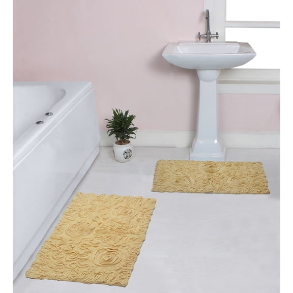 Home Weavers Bell Flower Collection 100% Cotton Non-Slip Bathroom Rug Set Machine Washable Bath Rug-21"x34", Bathroom Rug- 24"x40", Yellow Color 2 Piece Bath Rug set